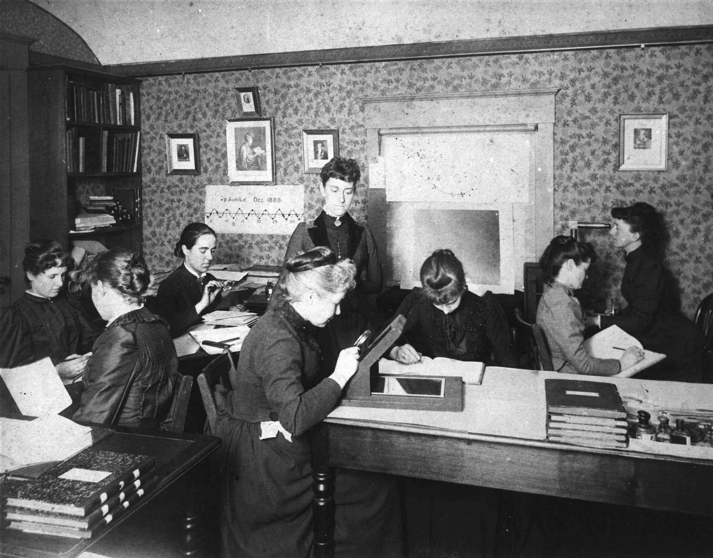 Group photo of about a dozen women computers at the Harvard College Observatory around 1891, some at desks with magnifiers.